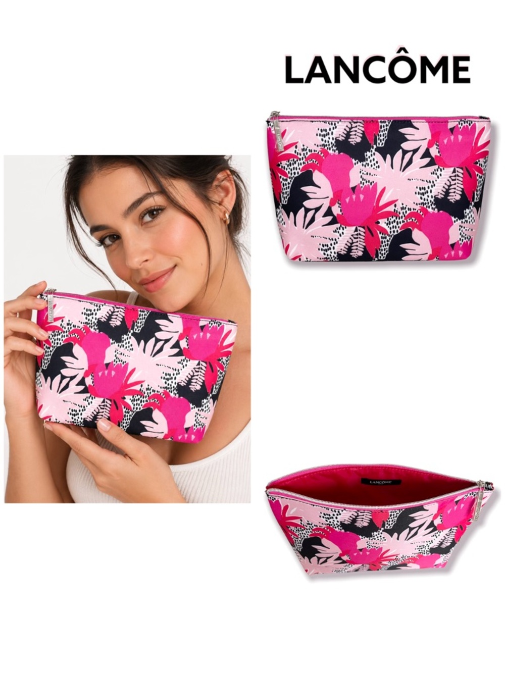 LANCÔME Paris Cosmetic Bag Floral Print  Makeup Travel Accessory Pink/Black NEW - Picture 2 of 3